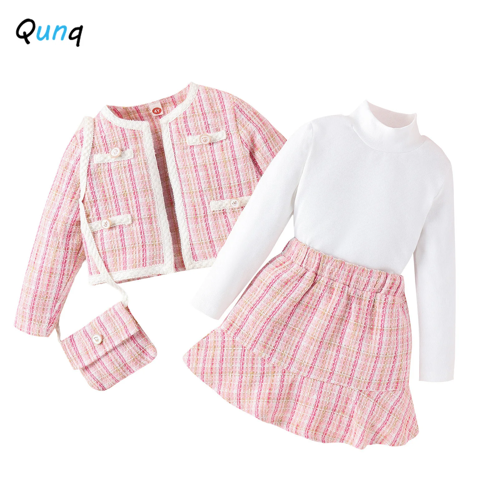 Qunq 2023 autunno INS nuove ragazze cappotto a righe manica lunga collo alto Top + gonna e confezione 4 pezzi Set Casual bambini Cluthes età 3T-8T