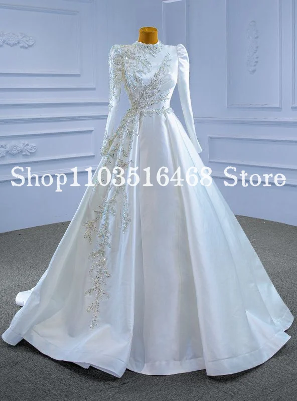 

Gorgeous Satin Muslim Wedding Dresses White High Neck Beaded Applique Long Sleeve Custom Prom Dresses vestidos de novia