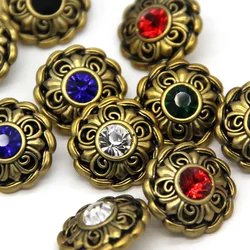6pcs Antique Colorful Flower Bronze Rhinestones Buttons For Clothes Chic Suit Blazer Party Dress Handmade Decorations DIY Crafts