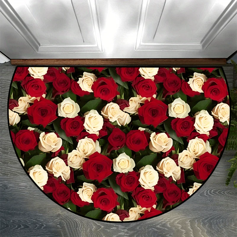Romantic Red White Rose Half Round Door Mat Non-Slip Entrance Rug for Home Bathroom Kitchen Decor