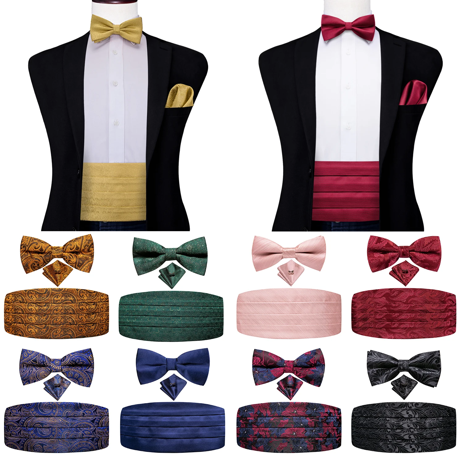 

Hi-Tie Burgundy Gold Solid Silk Mens Cummerbunds Vintage Jacquard Bowtie Hanky Cufflinks Cummerbund Belt Corset For Male Wedding