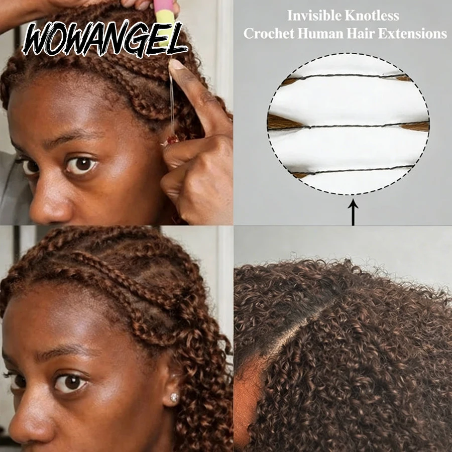WOWANGEL Chocolate Brown Afro Kinky Curly Feather Crochet Human Hair For Braiding 30# Pre-Separated Invisible Knotles Extensions