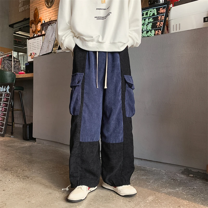 Winter Corduroy Wide Leg Men Pants Hit Color Spliced Cargo Big Pockets Pants Male Japanese Drawstring Cuff Rock Dance Pants