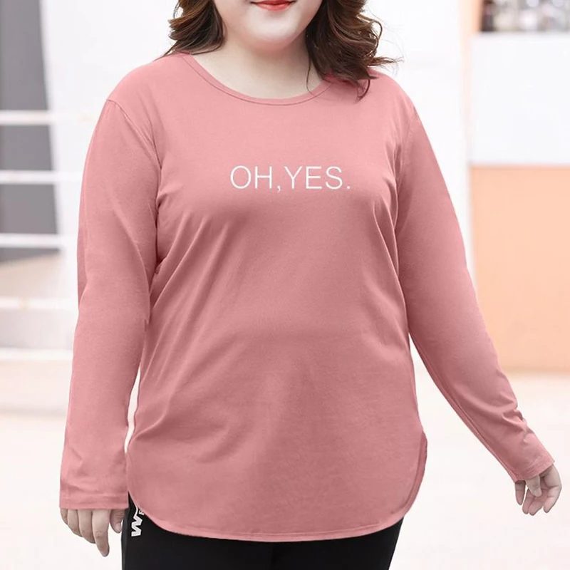 Autumn Winter Fashion Temperament Korean Plus Size T-shirt Women Casual Simple Design Letter Long Sleeve Cotton Print Lady Tops