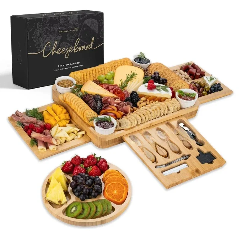 

Bamboo Cheese Cutting Board with Tools Set Charcuterie Board with Drawer Wine Appetizer Tray Cheese Plates Gift Set
