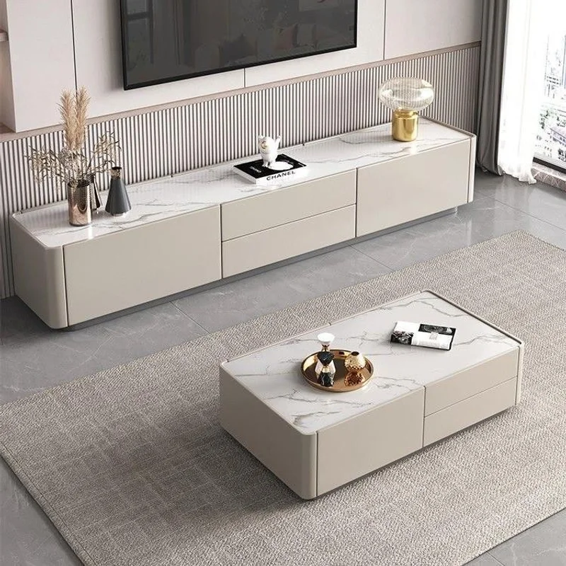 Sintered Stone Coffee Table TV Stand Set Rectangular Italian Minimalist Luxury Modern for Small Apartment Home Living Room Use