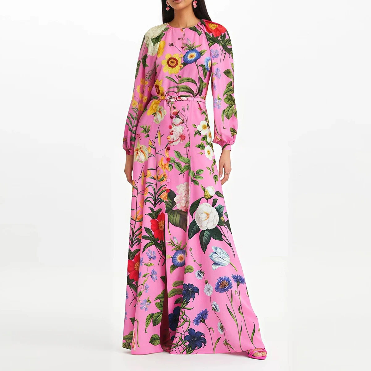 Retro Lantern Sve Dr Gonna lunga da donna con stampa floreale lunga Sve rotonda Ne con cintura a vita alta A-Line coreana Sle Co...