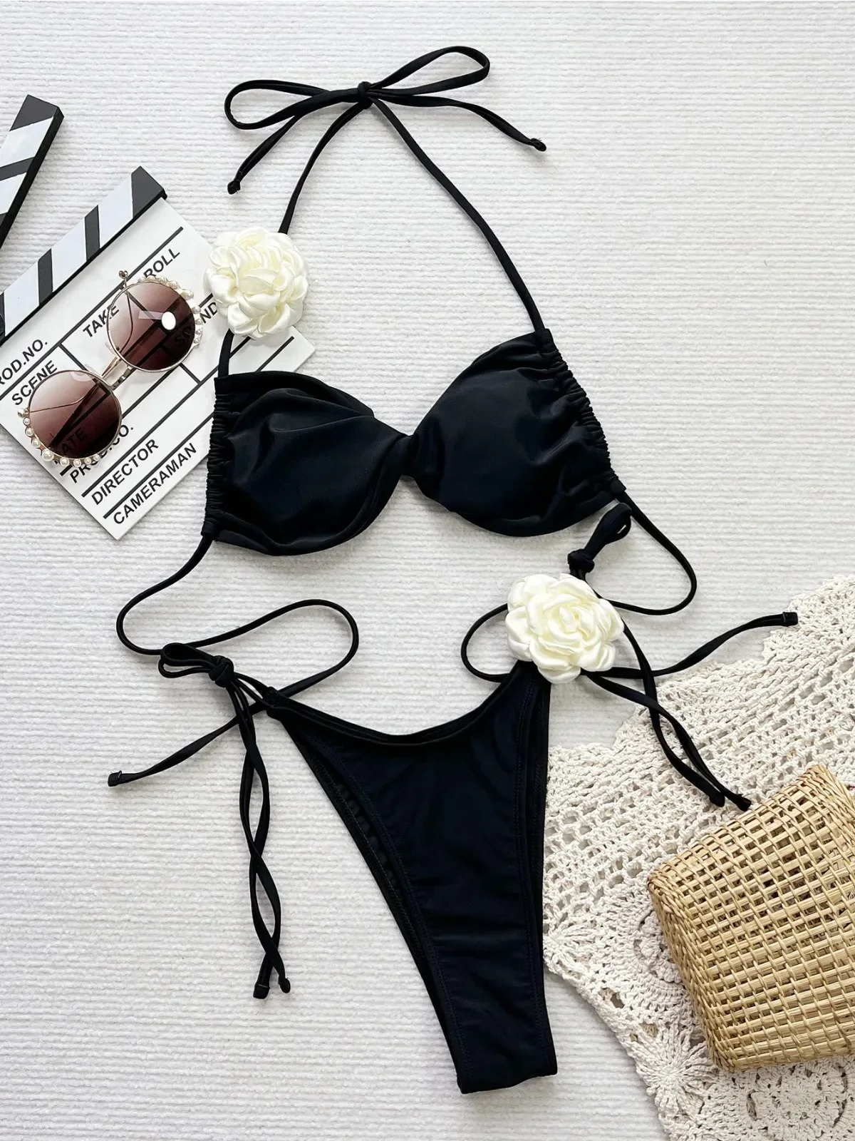 

3D Flower 2-piece Swimsuit for Women 2025 New Solid Black Bikini Set Sexy Halter Lace-up Backless Thong Beach Bathing Suit
