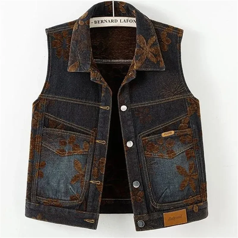 Spring Female Fashion Large Pocket Denim Vest Coat Retro Ladies Flocking Sleeveless Outwear Autumn Women Casual Waistcoat Jacket
