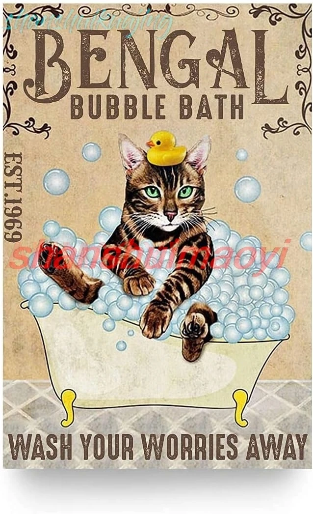 Tin Sign For Bathtub Cat Retro Metal Sign, Bengal Cat Bubble Bath Soap Foam Poster Vintage Toilet Cave Bar Home Bathroom Wa sign