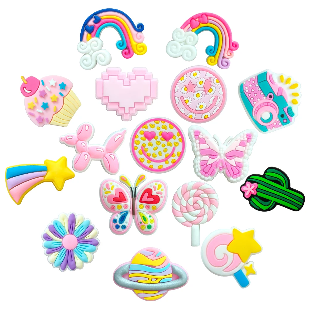 Cute Cartoon 1PCS Pink Smile Face Fresh Style DIY PVC Decorate Butterfly Shoe Charms Accessories Kids Girls Party Gift