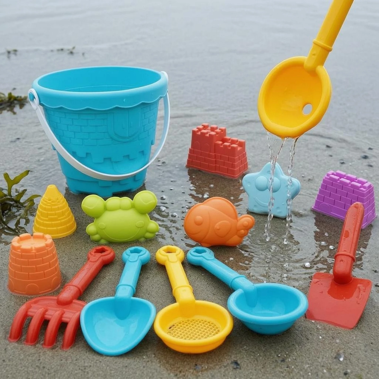 

15 Pieces Sand and Water Toy Set Brightly Colored Beach Sand Toy Set Sandcastle Building Kit Molded Shapes Sieve for Children