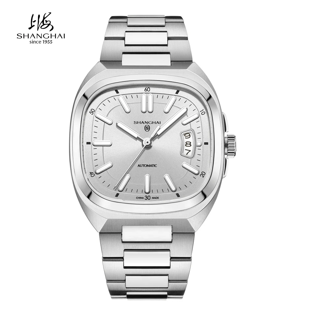 Shanghai Square Vintage Mechanisch Horloge 38mm Automatische herenhorloge Saffierkristal Lichtgevende 50m Waterdichte Horloges SH018