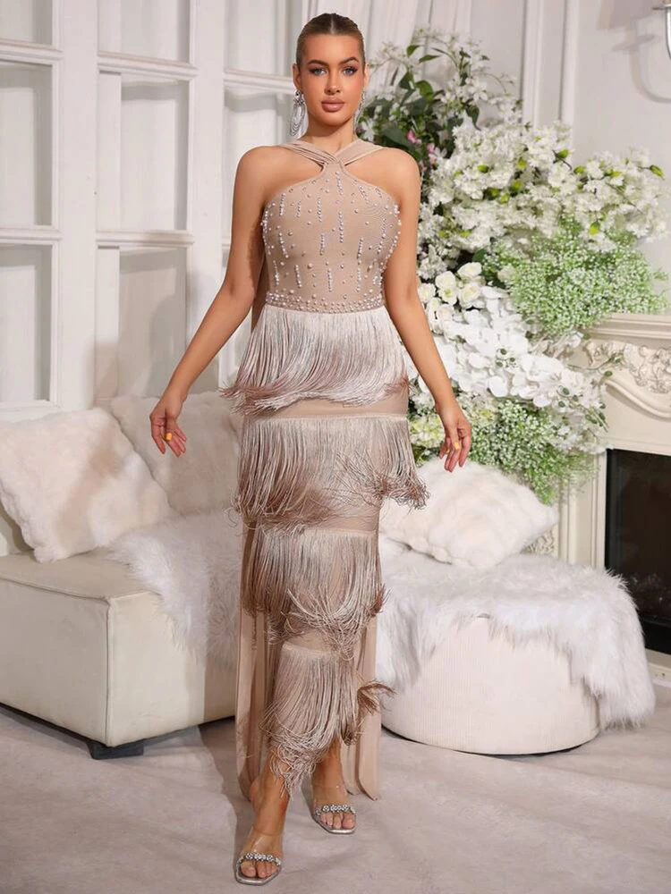 Sexy Halter Neck Draped Beaded Tassel Patchwork Bandage Dress Women Sleeveless Fringes Bodycon Long Dresses Evening Party Gowns