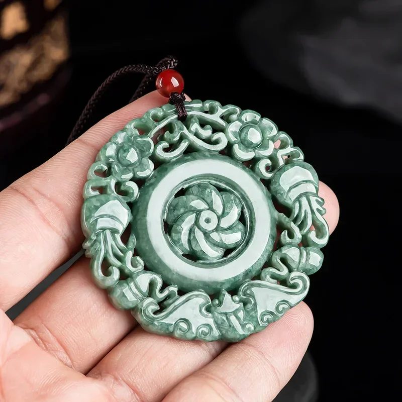 Natural A-grade Jade Flower Blossom Rich  Noble Pendant Ice Jade Pendant Sweater Chain Men Women's Necklace High grade Jewelry