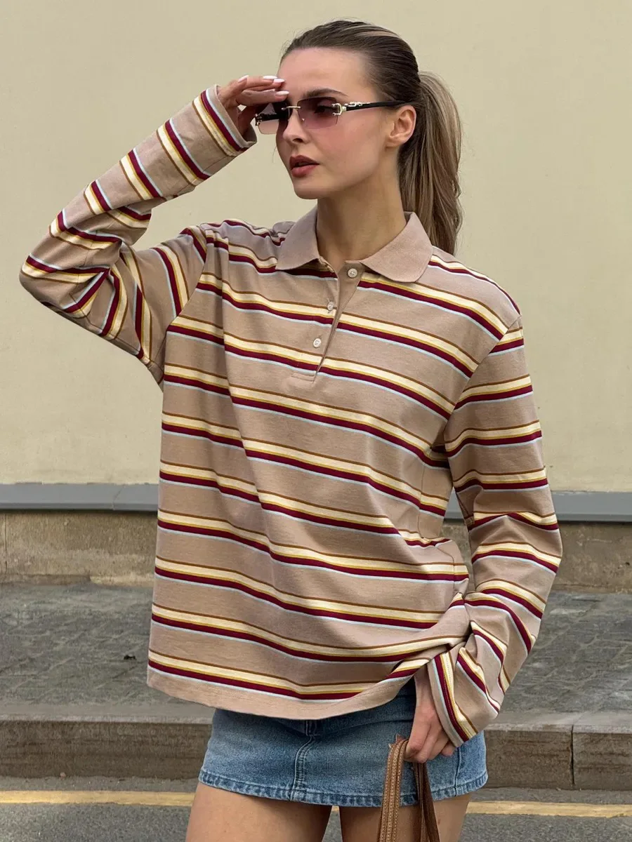 Autumn Polo Shirts Women Long Sleeve Crop Tops Color Block Green Striped Print Polo Shirts Mujer Casual Tops Striped Brown