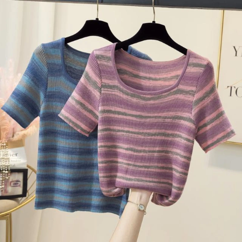 

Loose Solid Knitting Spring Summer Short T-Shirts Sleeve Simplicity Elegant Fashion Casual Short Sleeve Women's Clothing Q313