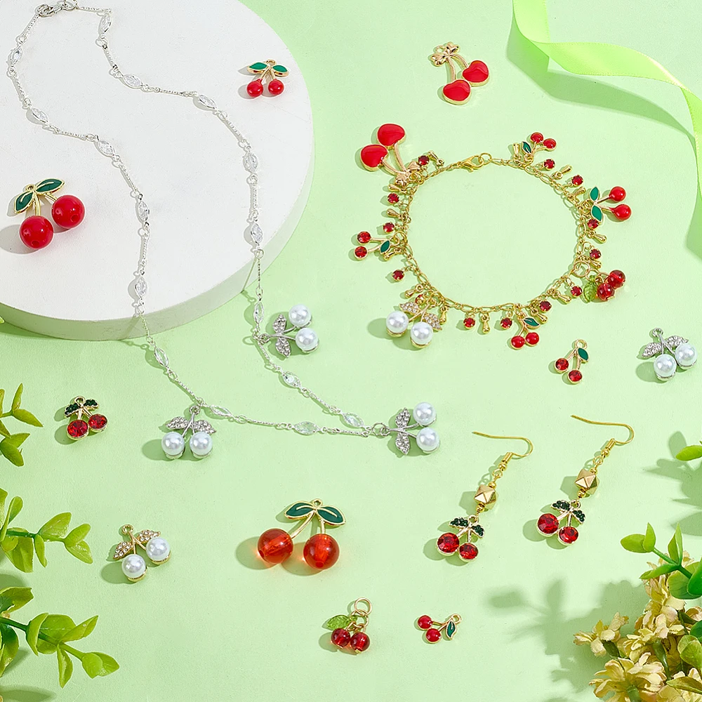 40pcs 10 Styles Red Cherry Charm Alloy Cherries Pendant Enamel Fruit Charms Mini Dangle Charm for Jewelry Making Charms Bracelet