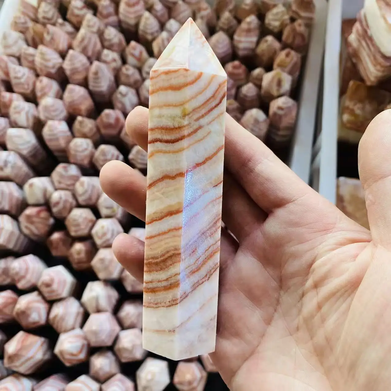 Wholesale High Quality Natural Crystal Obelisk Tri-Color Calcite Tower Pork Stone Point Wand Polished Mineral Technique for Gift