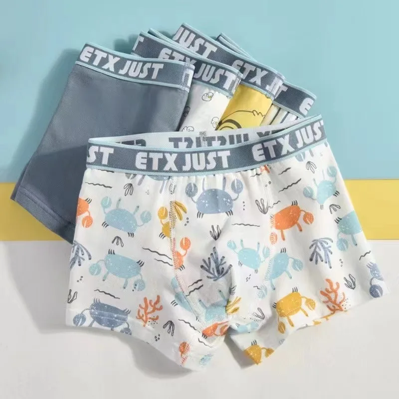 

5-18 Years Underwear for Big Boys Cotton Teenage Cartoon Crab Boxers New Fashion Children Breathable Cute Duck Panties 5pcs/pack