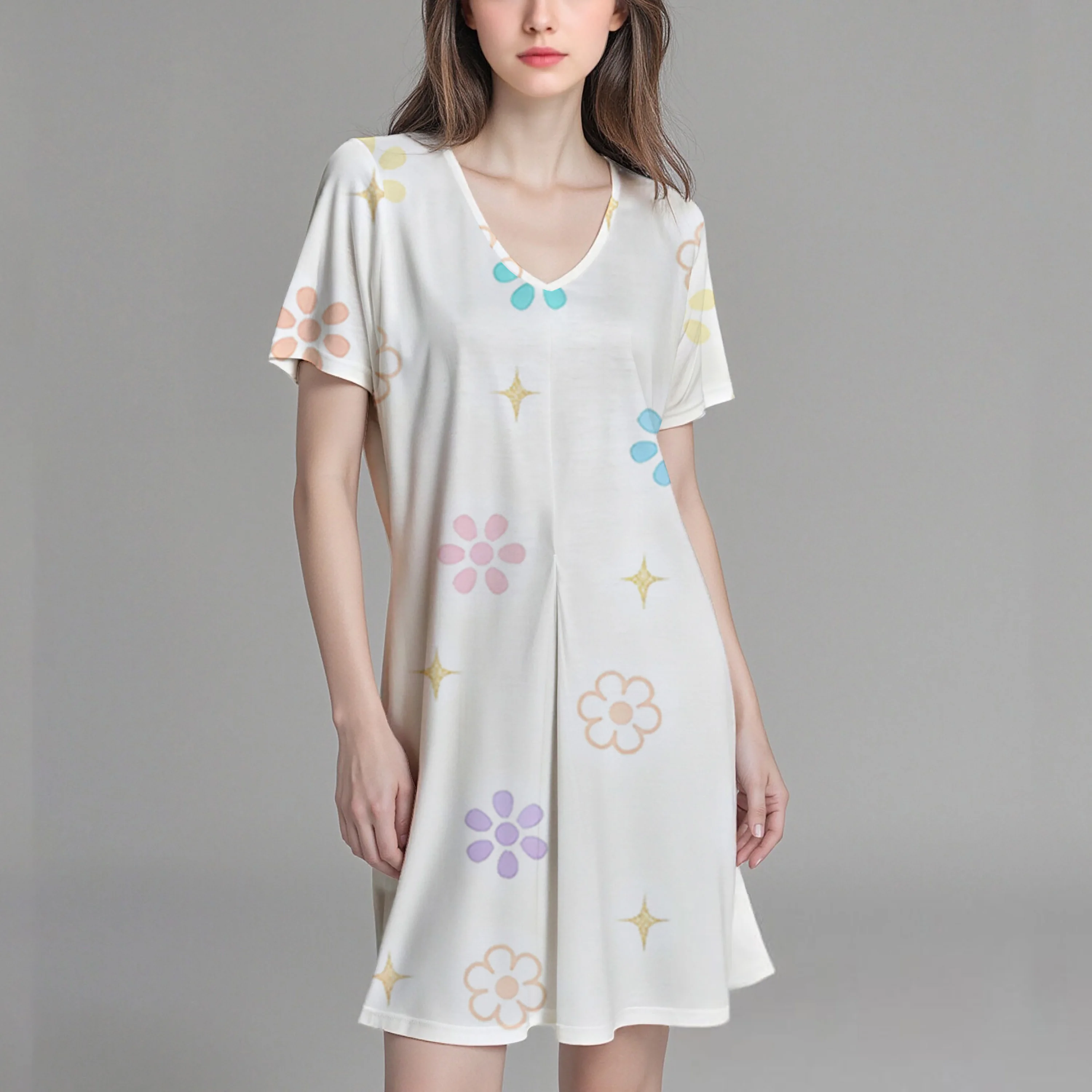 レディースVネック半袖ワンピース、プリント柄入りレディースTシャツ、やや伸縮性のあるカジュアル生地