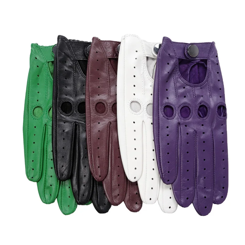 New Women Motorcycle Riding Leather Gloves Female Real Skin Air Hole Perforated Unlined Guantes Mujer Red Purple White Green