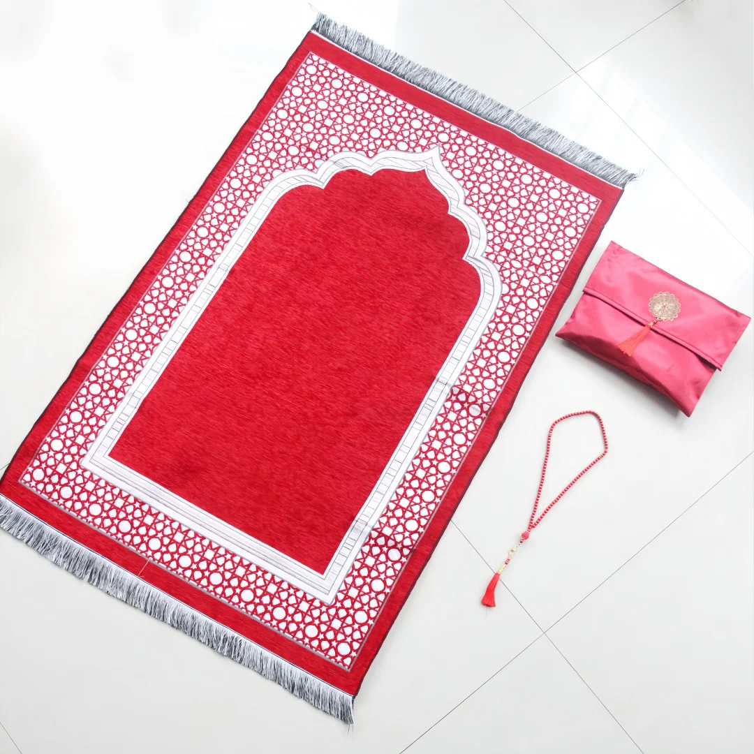 Chenille bag prayer mat, thickened high-density chenille mat strap, portable handbag with 99-bead artificial pearl prayer beads