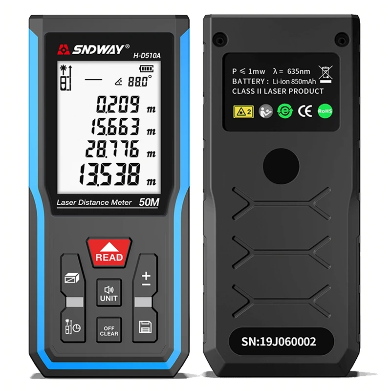 SNDWAY Hot Sale Handheld Tools Range Finder 50m/165ft Smart Measuring Instrument  4-In-1 Mini Digital Laser Distance Meter