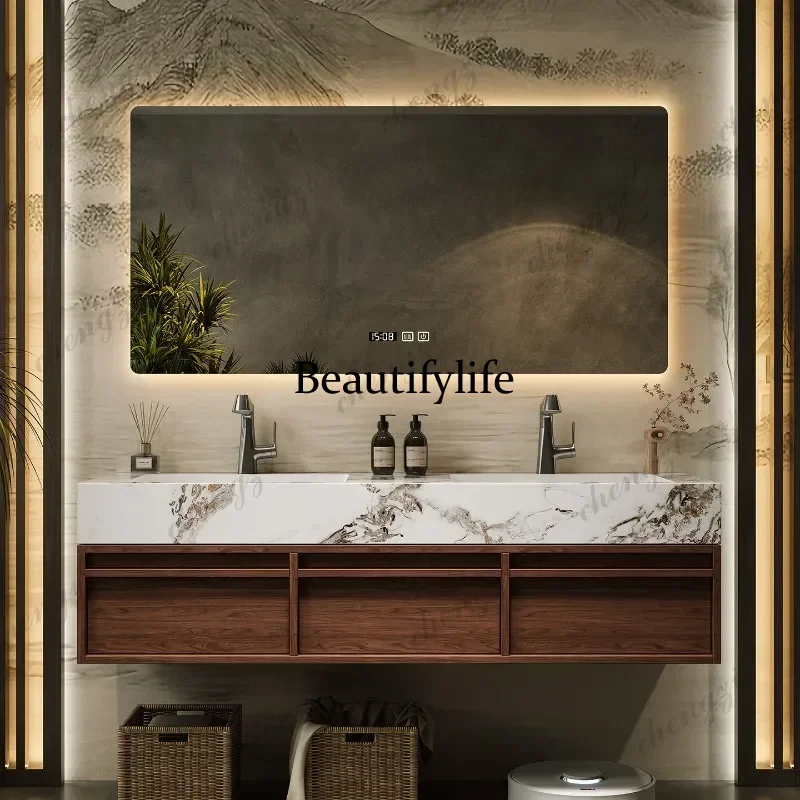 Medieval rock slab seamless ceramic double basin double faucet wash basin bathroom rack  a17