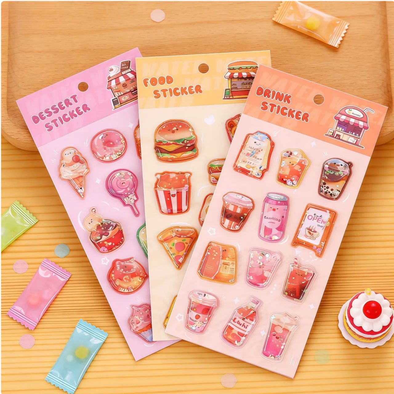

Cartoon Food 3D Stickers Set with Shaking Burger Milk Tea & Ice Cream Sequin Stickers for Water Bottle Decoration