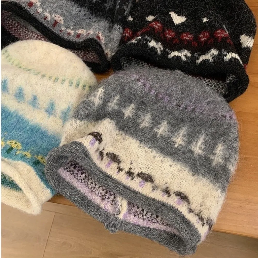 Retro Fair-Isle-Stil Jacquard-Strickmütze Verdickte Übergroße Pullover-Mütze Winddichte Warme Wintermütze für Damen – Detail 11