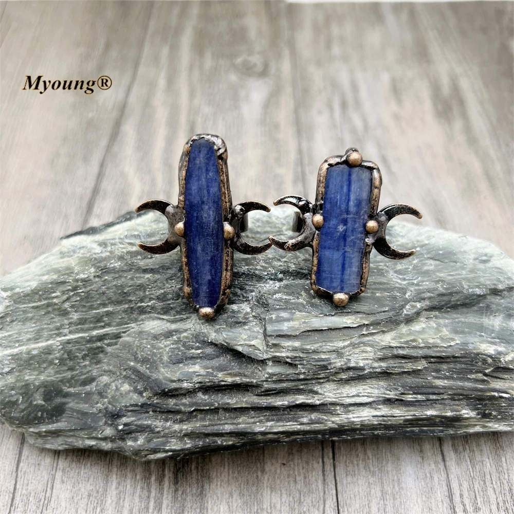 10PCS Bronze Plated Natural Kyanite Adjustable Moon Rings For Women Bohemia Jewelry MY230449