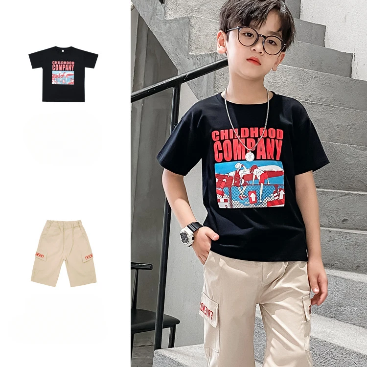 Summer Children Boy Clothes Set Letter Printed T-shirts and Cargo Shorts Suit Kid Casual Short Sleeve Top Denim Bottom Outfits