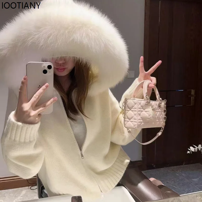 

Korean Fur Collar Cardigan Jacket Women New Zipper Up Long Sleeve Knitted Cardigans Woman Chic Warm Hooded Sweater Coat Female