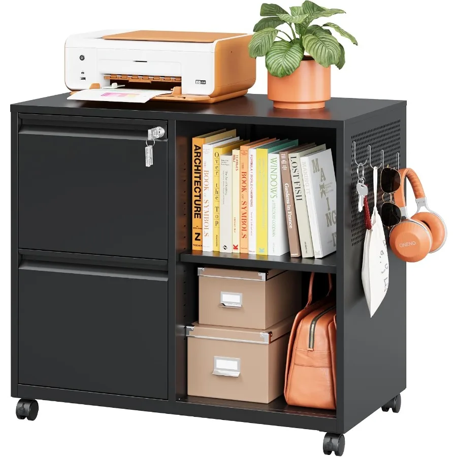 Mobile File Cabinet with Side Hook, 2 Drawer Lateral File Cabinet with Lock fits A4/Letters/Legal Size for Home Office, Metal R