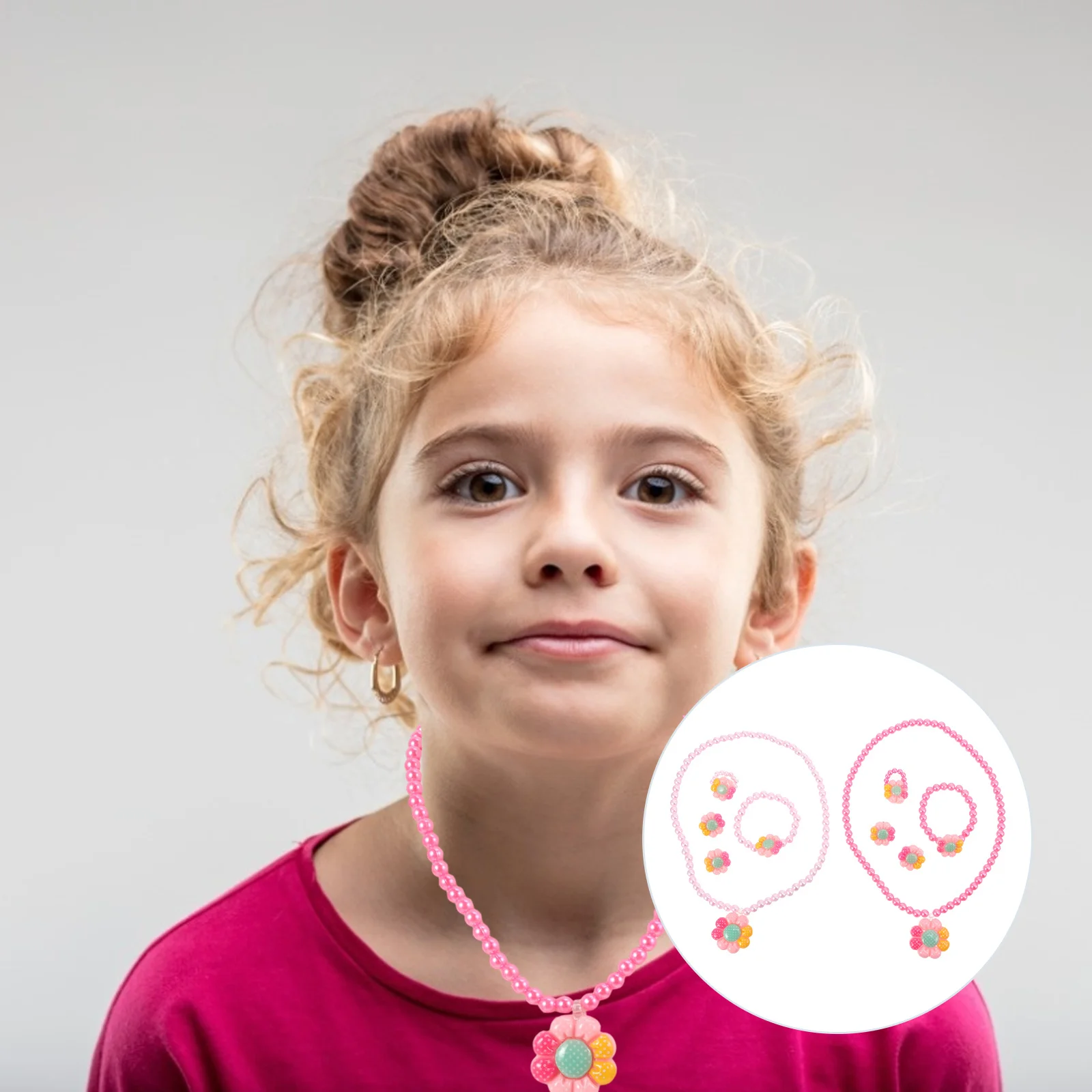 

2Sets Girls Jewelry Set Flower Necklace Bracelet Ear Clips Rings Cute Lightweight for Birthday Party Christmas Gift