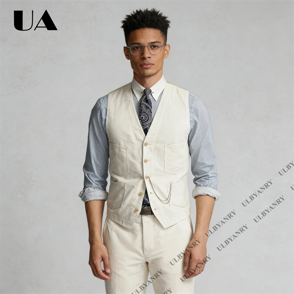 

ULBYANRY Men's Waistcoat & Pants Casual Linen Vest & Trousers, Summer Breathable Lightweight 2 Piece Set Customized Size Colors