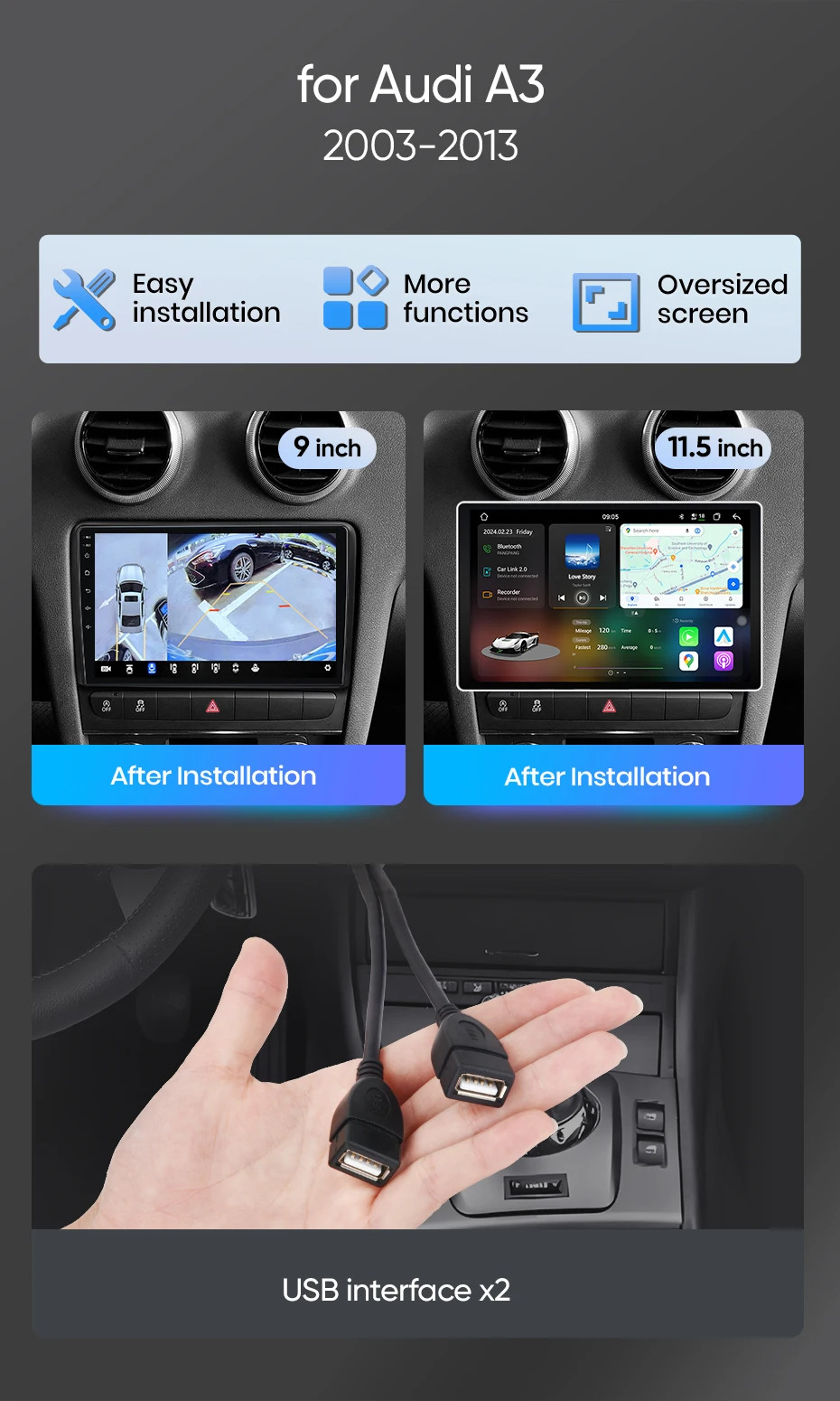 Junsun Android Auto Autoradio für Audi A3 2003 2004 2005 2006 2007 2008 2009 2010-2013 Multimedia Wireless Apple CarPlay Smart Intelligent Systems IPS Touchscreen Stereo Videoplayer 2 Din Autoradio Head Unit Navigation BT GPS 4G WIFI FM AM DSP RDS SWC – Detail 8