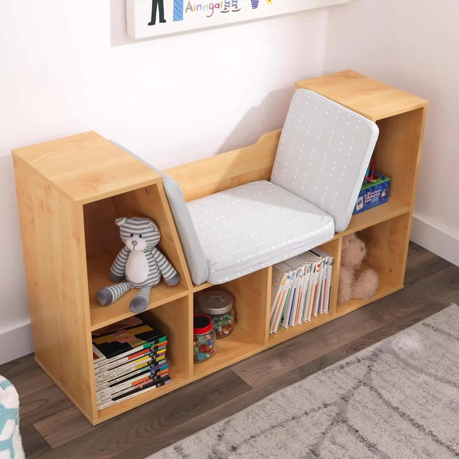 Wooden Bookcase with Reading Nook, Storage and Gray Cushion - Natural