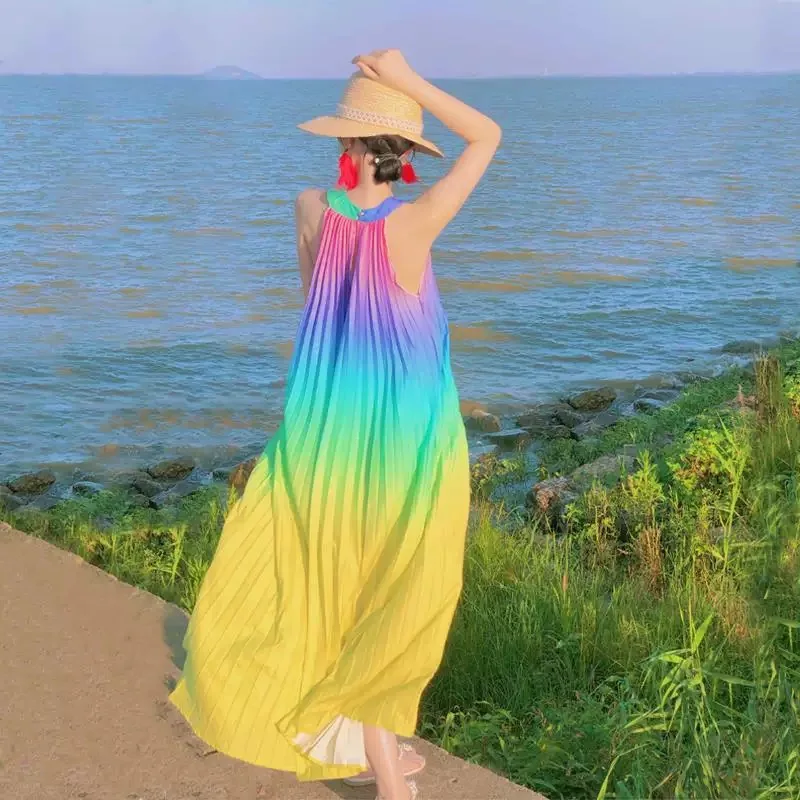 Handing Neck Sundress Lady Rainbow Colorful Pleated Dresses Vacation Holiday Beach Vestidos Hit Color Gradient Trendy Y2K Dress