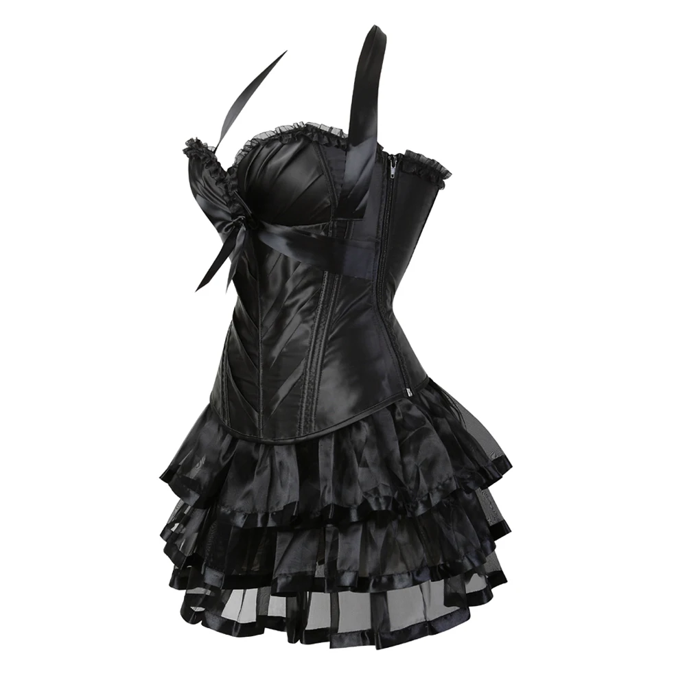 Sexy Women Gothic Satin Corset Top With Strap Cup Zipper Bustier Lingerie Mini Tutu Skirt Victorian Party Costumes Plus Size