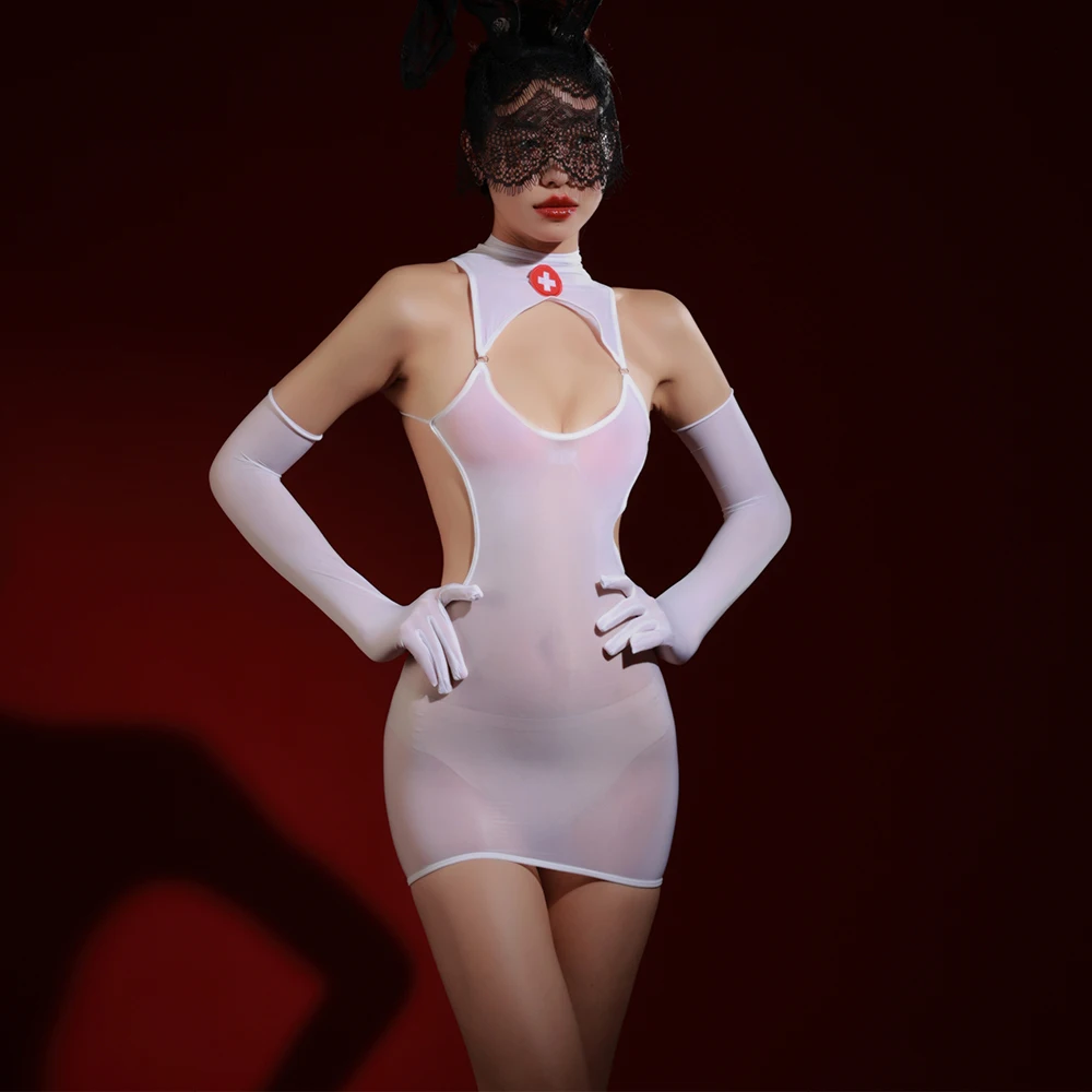 Medias sexis de sirvienta para mujer, vestido de tubo transparente transparente, Micro Mini vestido brillante al óleo, ceñido elástico, vestido de enfermera para Cosplay