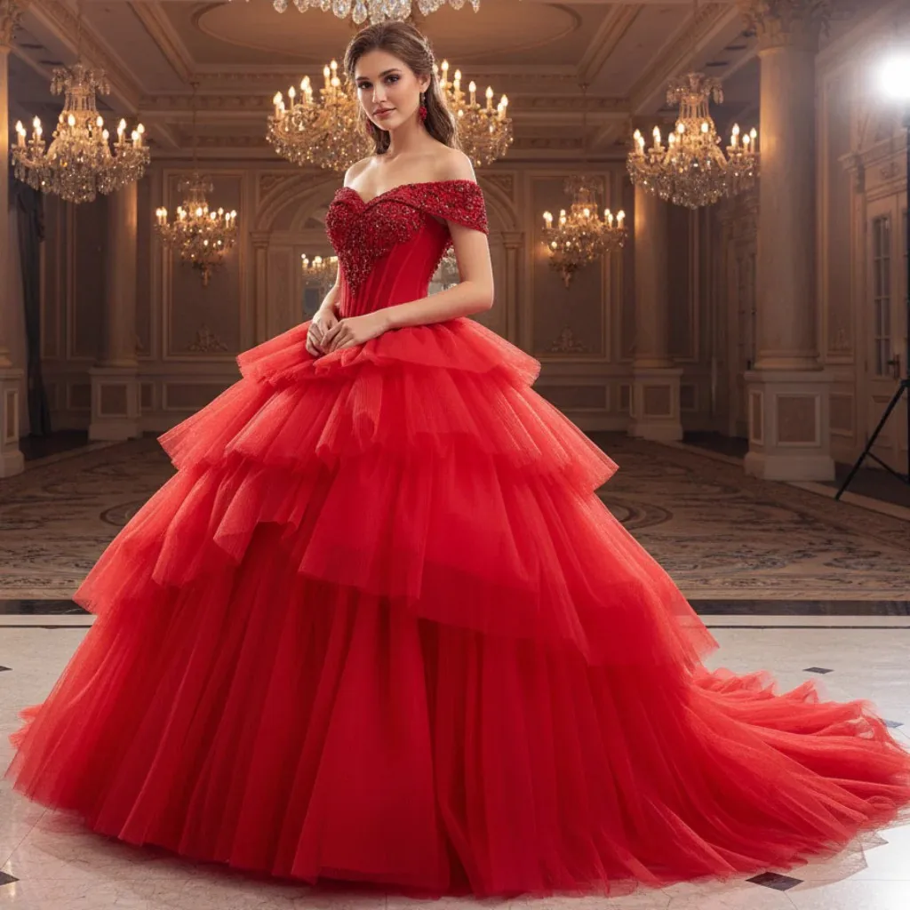 Rosymae Off-the-Shoulder Romantic Ball Gown Princess Red Quinceanera Dress Elegant Female Fashionable Special Occasion Wear