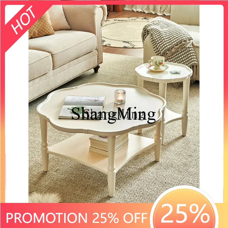 

SM solid wood coffee table living room household double-layer set of petals round small apartment sofa coffee table