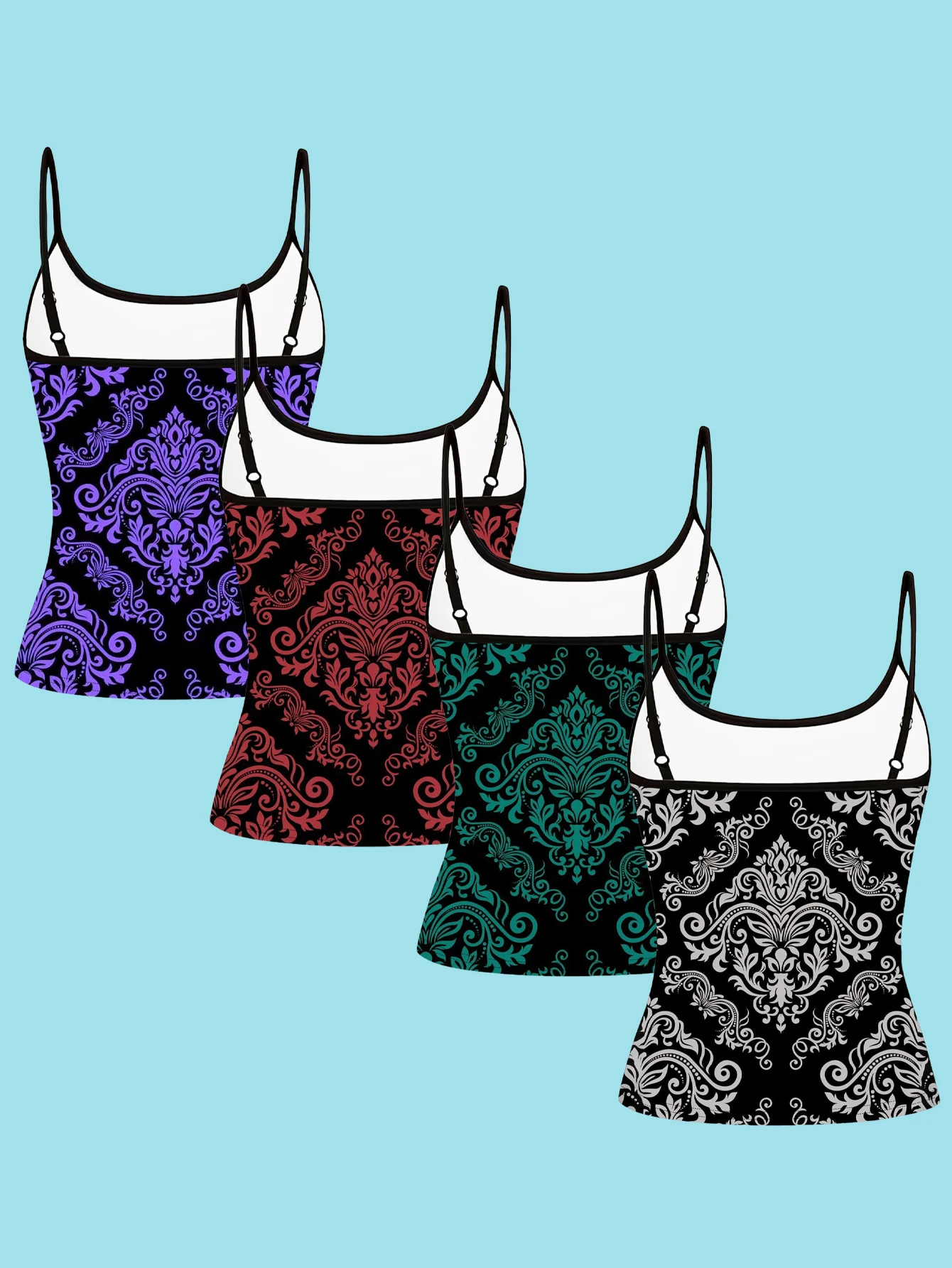 4-Piece Set of European-Style Damascus Vintage Baroque Pattern Printed Camisoles, Black Base with Purple/Red/Green/White Luxurious Floral Court Patterns, Women's Slim-Fit Spaghetti Strap Sleeveless Tops for Outerwear or Layering