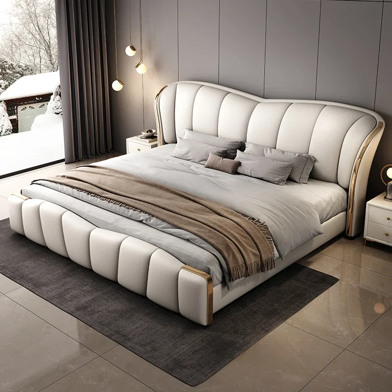 Leather Double Bed Luxury Bedroom Soft Package Wedding Bed With Lamp 150x200 Master Bedroom Cama Lit 2 Personnes Furniture