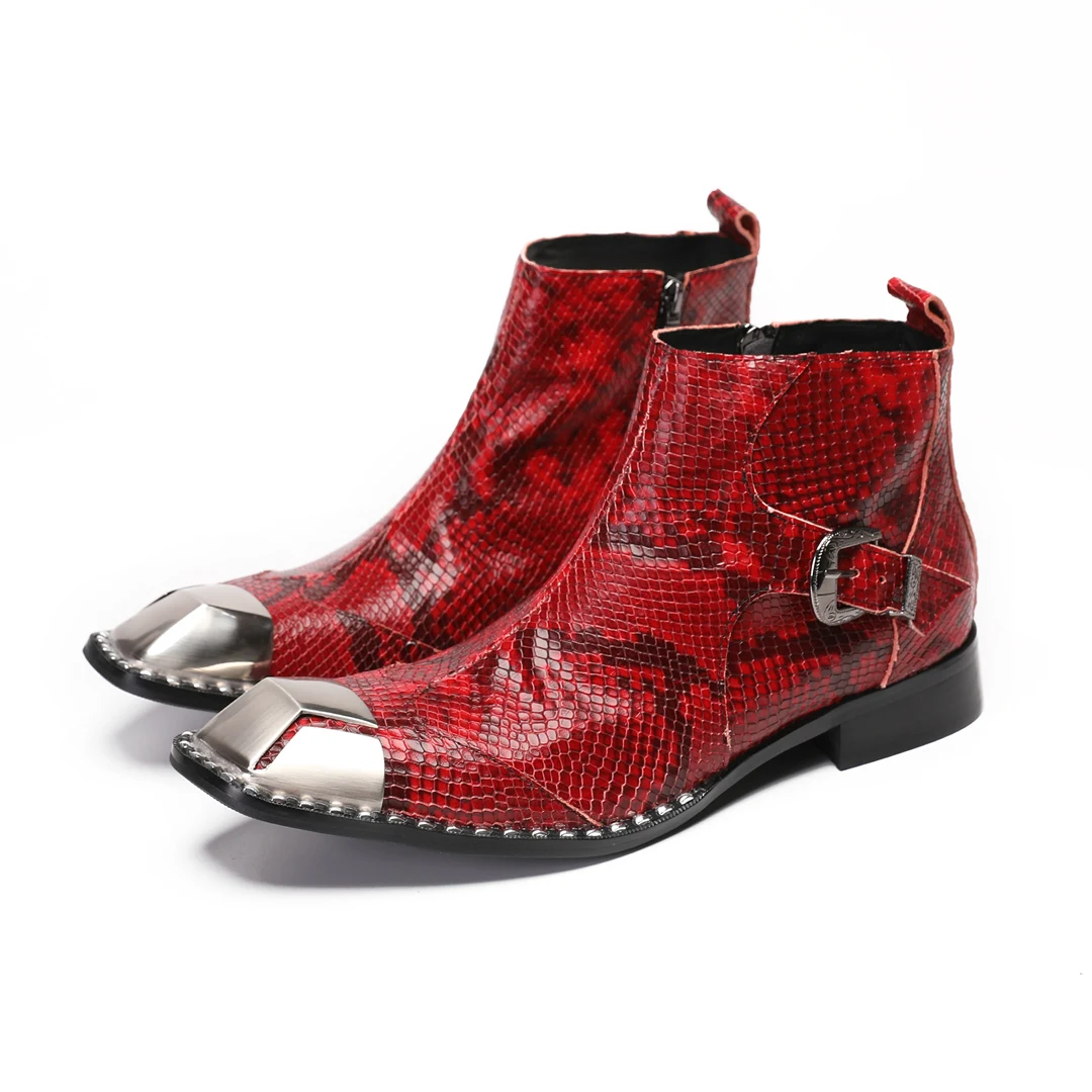 Snake Skin red wedding handmade italian military dress boots genuine leather steel Square toe high heels cowboy boots shoes man