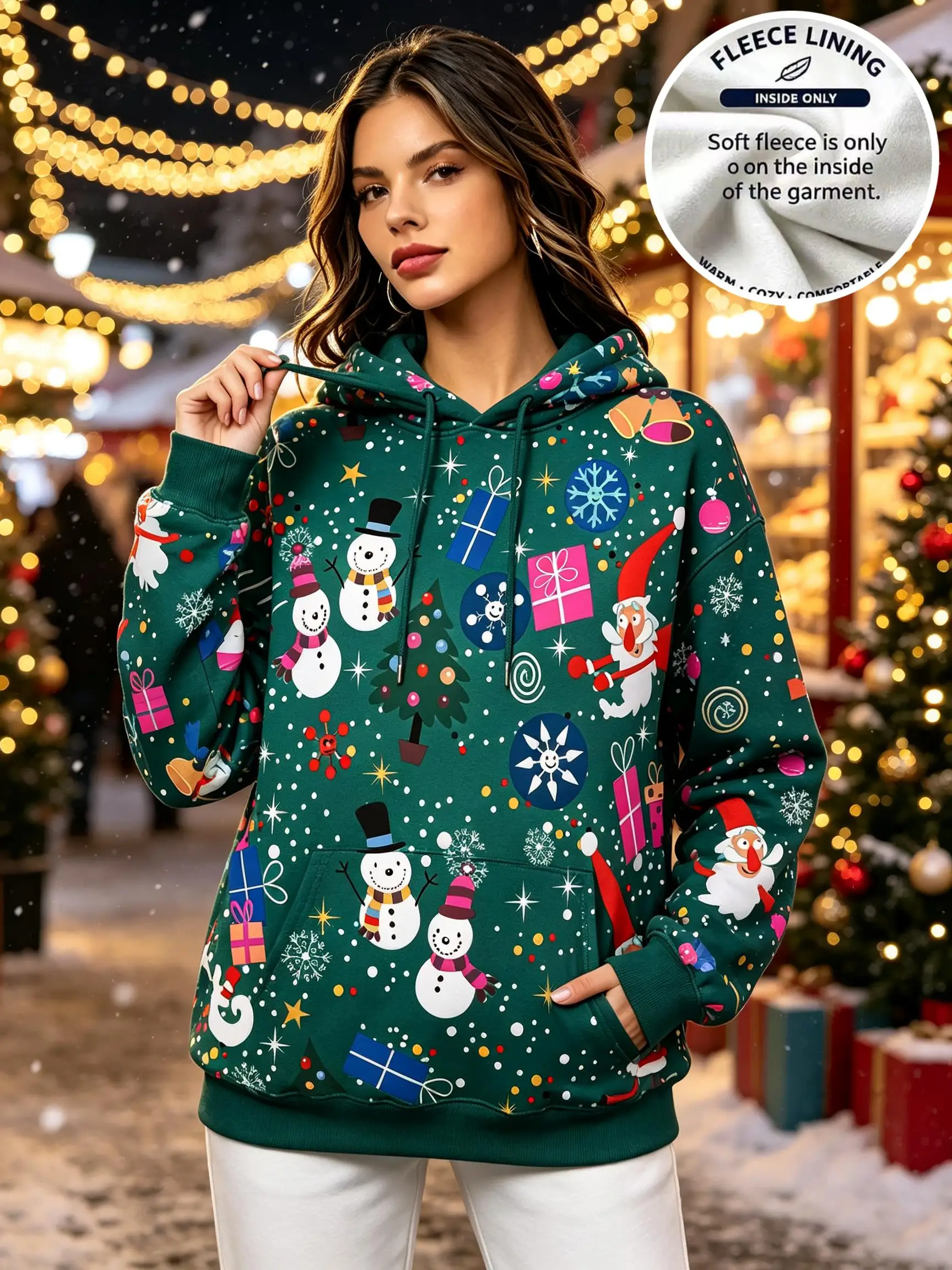 Women Christmas Allover Snowman Santa Xmas Tree Gift Snowflake Fleece Hoodie Brown Pocket Sweatshirt