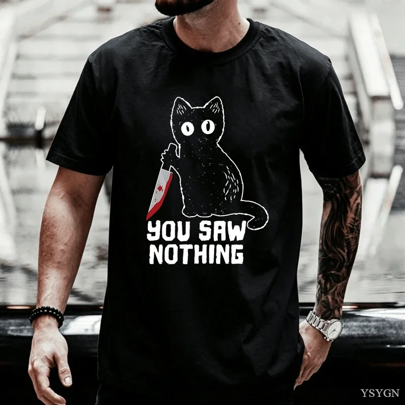 Funny Cat Graphic T Shirts Black Ca Saw Nothing Men T-shirt Harajuku Cotton Short Sleeve Tee Shirt Man Woman Streetwear Clothing