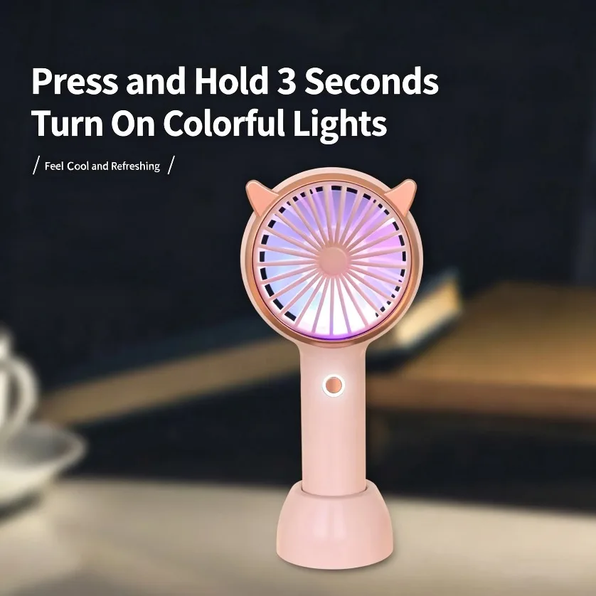 Cat Ear Fan Mini Handheld LED Light 3 Speed USB Rechargeable Portable Quiet Desk Fan With Base for Travel Concert Gift view 5